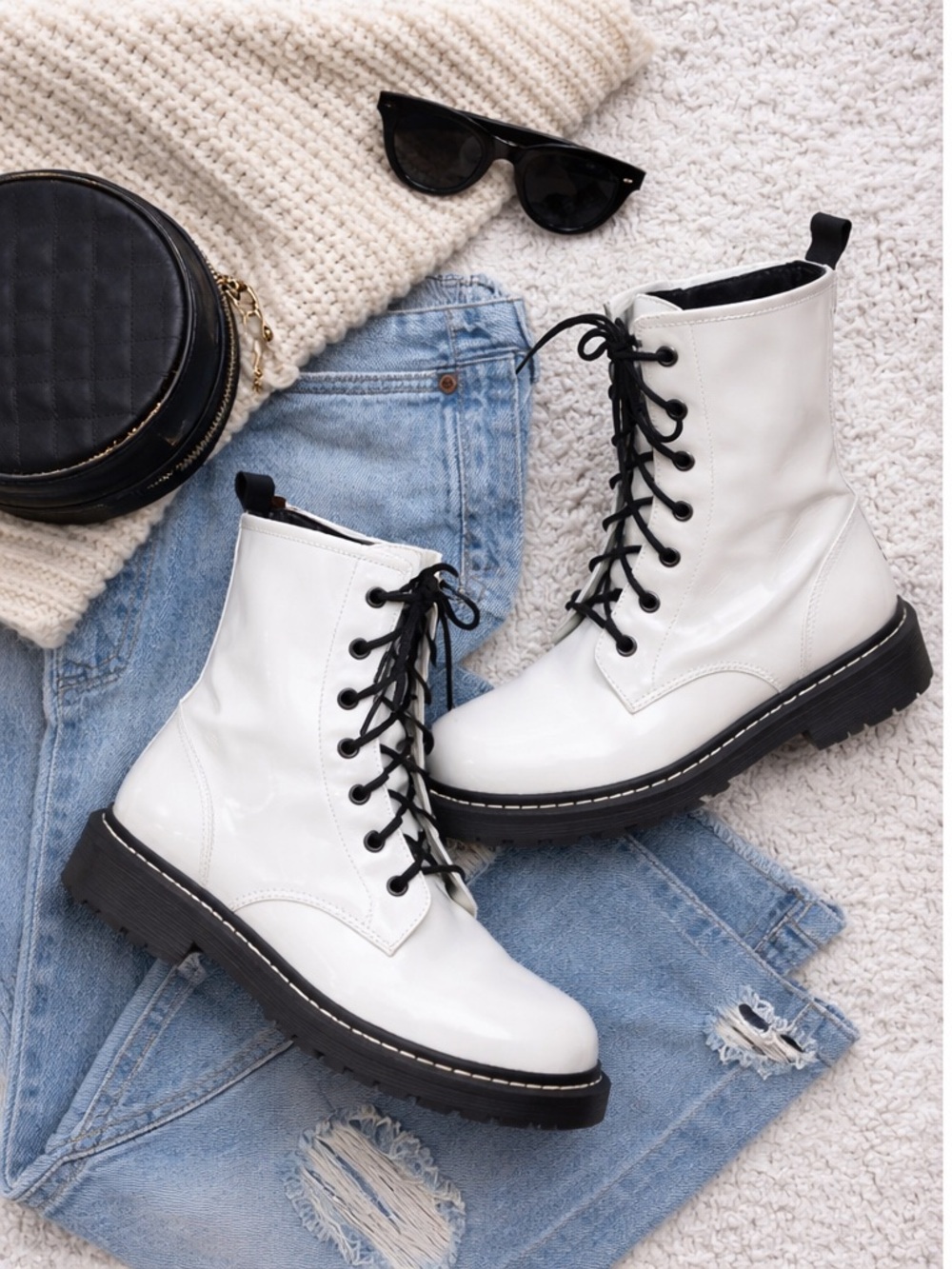 White Combat Boots Lace Up Chunky Sole Patent Look Booties Size 8.5